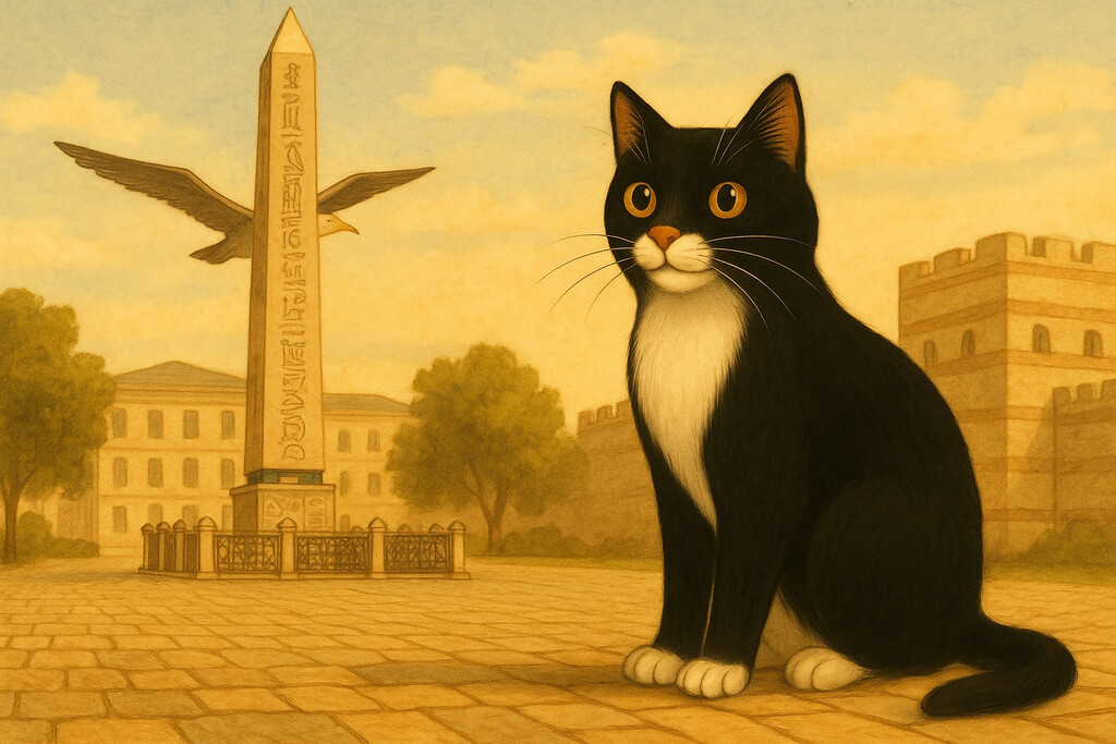 Kedi Misi, Sultanahmet Meydanı'nda dururken ve Mısır Dikilitaşı da arkasında gözüküyor.